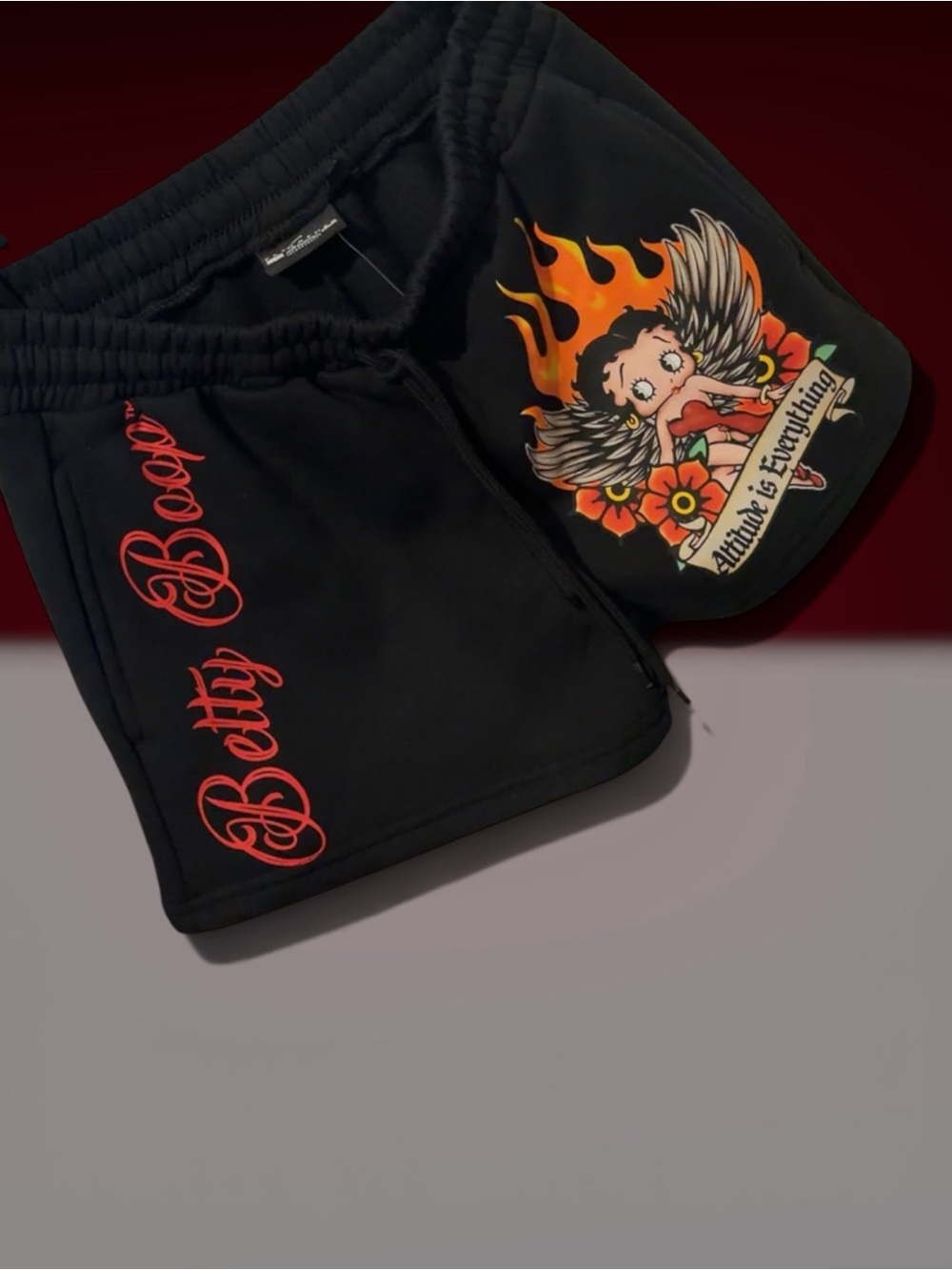 Betty Boop Black Shorts with Red Script and Multicolor Graphic